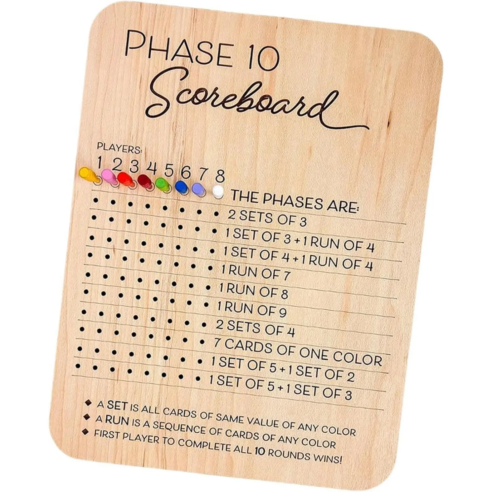Phase 10 Score Board, 11x8.6 inches Wooden, 8 Colored Pegs, Classic Family Adult Fun Board Game Accessory, Night Table Score Boards, Wooden Scoreboards