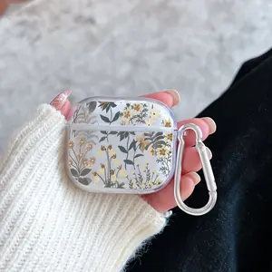 Floral Whisper Canvas Pattern TPU Soft Protective Case for Apple AirPods 4/3/2/1/Pro/Pro2 Transparent Earphone Cover with Keychain Attachment