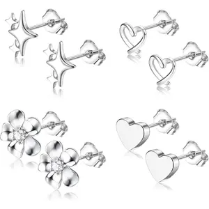 CASSIECA Stud Earrings Stack for Women Sterling Silver Post Earrings Stack for Sensitive Ears Hypoallergenic Dainty Simple Flower Star Heart Stud Earrings Stack for Women Pierced Earrings Stack Jewelry Gifts