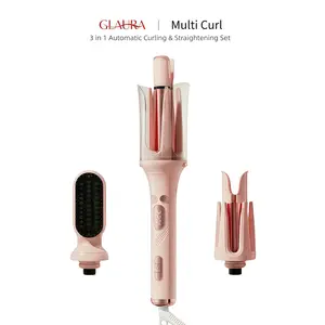 3-in-1 Automatic Hair Curler & Straightening Brush Set, Rotating Curling Iron for Beginners, Anti-Scald & Tangle-Free, 7 Temp Settings for Travel