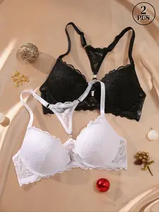 Women's front-closure lace bra with Buckle, featuring a sexy back design and push-up effect, suitable for everyday wear.