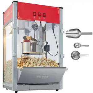 VEVOR Popcorn Maker, 1615W Popcorn Popper Machine, 16 Oz Kettle Large Capacity Countertop Popcorn Maker with Tempered Glass, Includes 3 Stainless Steel Scoops, Movie Theater Style, Red