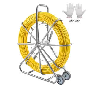 VEVOR Fish Tape Fiberglass, TikTokShopBlackFriday, 656 ft, 5/16 in, Duct Rodder Fishtape Wire Puller, Cable Running Rod with Steel Reel Stand, 3 Pulling Heads, Fishing Tools for Walls and Electrical Conduit, Non-Conductive