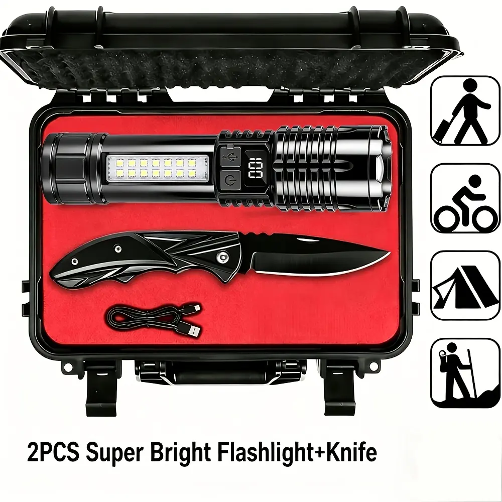 EDC Tool Set for Men, 2-Piece Folding Pocket Knife with Textured Grip & High-Bright Zoomable Rechargeable Flashlight, Cool Stuff Gadgets for Camping & Hiking