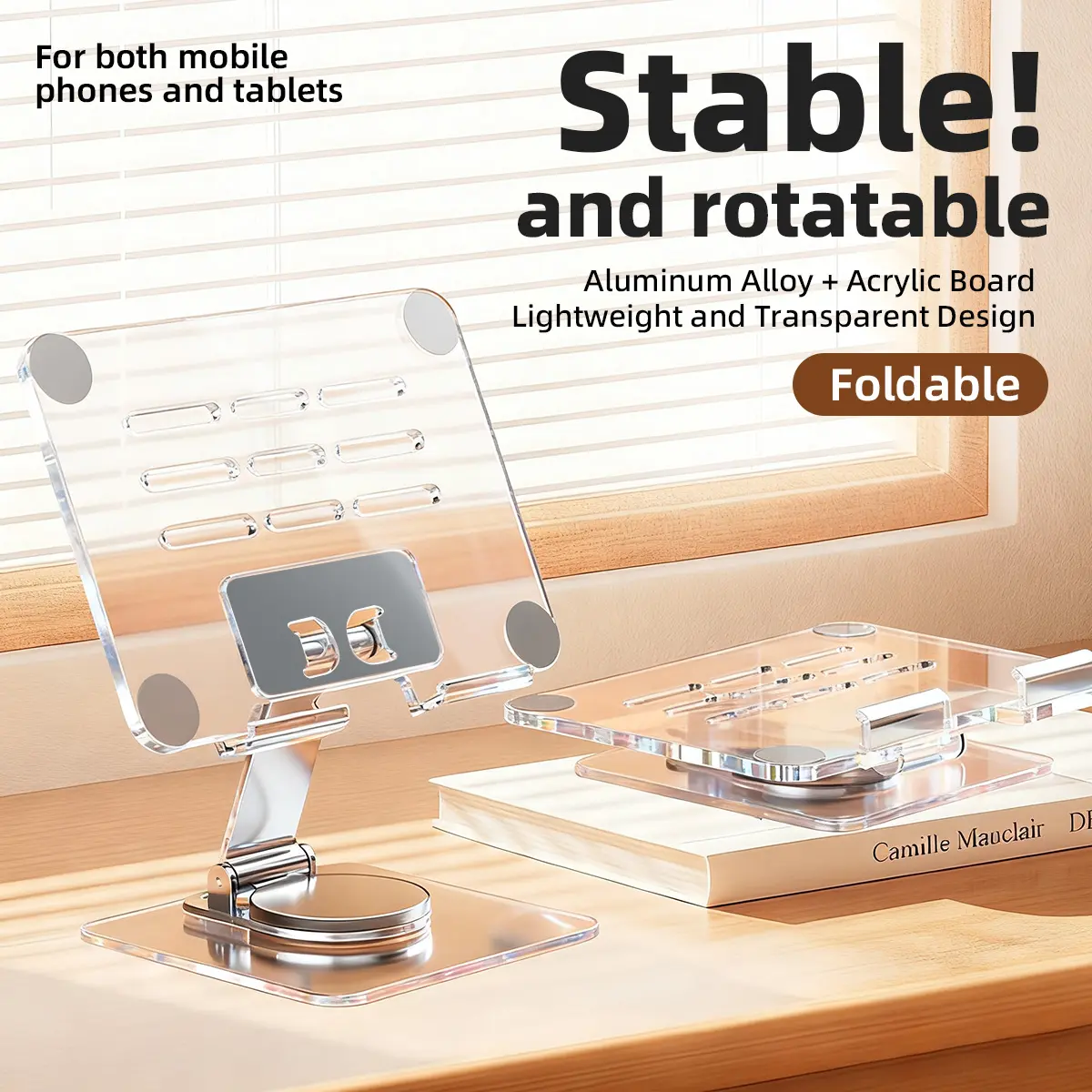 Tablet Stand Adjustable Rotating Desk Stainless Steel, Stable Holder for Office Accessory, Compatible with iPad Kindle Switch iPhone 4.7-12.9 inch Devices, Enhances Productivity