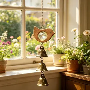 Rustic Wooden Fish Bird Wind Chime Featuring Crystal Prism And Metal Bell Suncatcher, Light Casting Hanging Decoration For Outdoor Yard, Balcony And Indoor Window, Practical Present For Mom And Dad, Ideal Ornament For Cottage Style Home Lovers