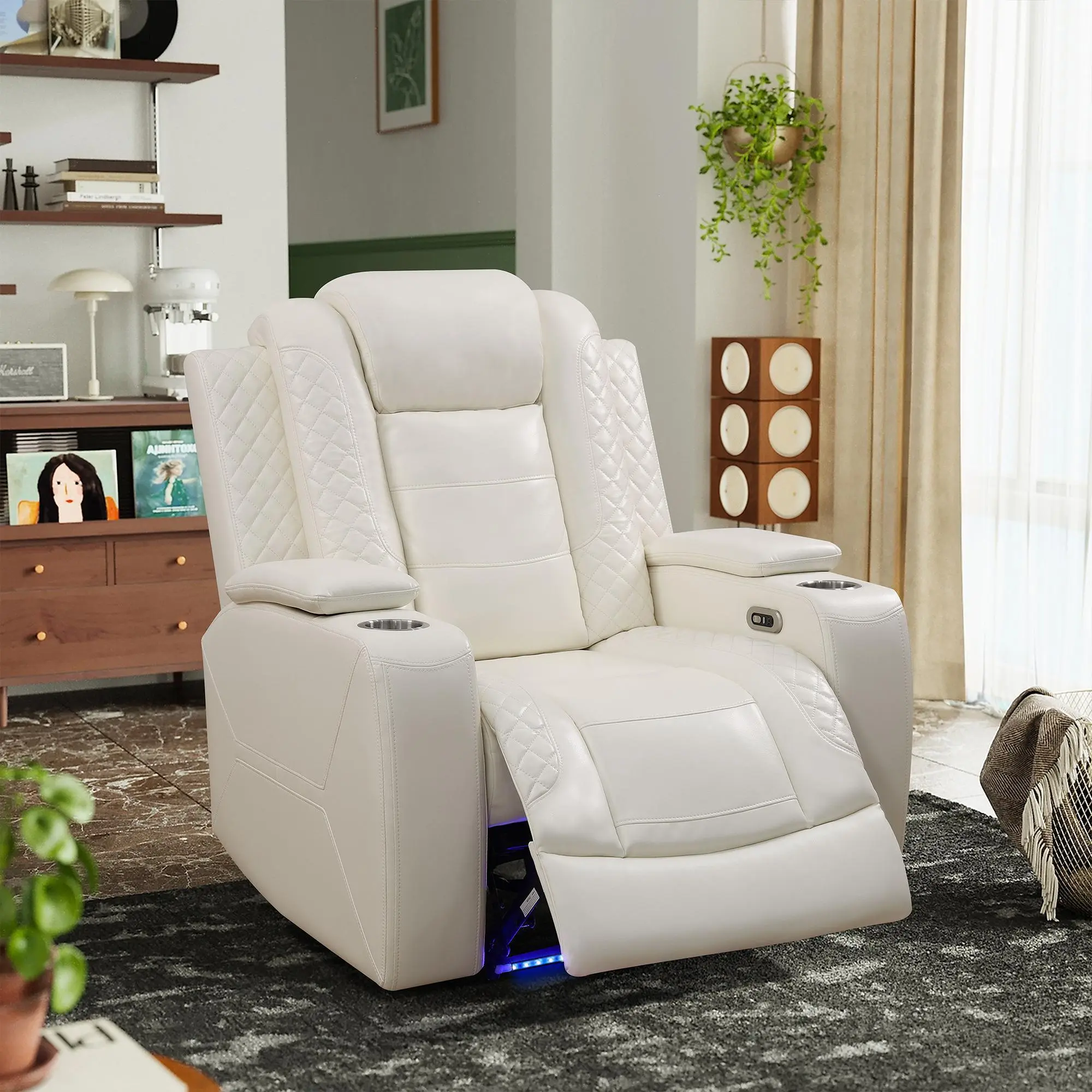 Modern Ainehome White Breathing Leather Power Reclining Electric Recliner Couch Sofa Set with Intelligent Functions Adjustable Angle Storage Bucket Wireless Chargers Chair furniture