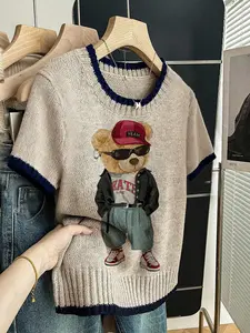 Trendy Bear Pattern Colorblock Print Round Neck Sweater, Everyday Casual Fit Short Sleeve Knitwear for Spring & Fall, Comfortable Soft Women's Clothing