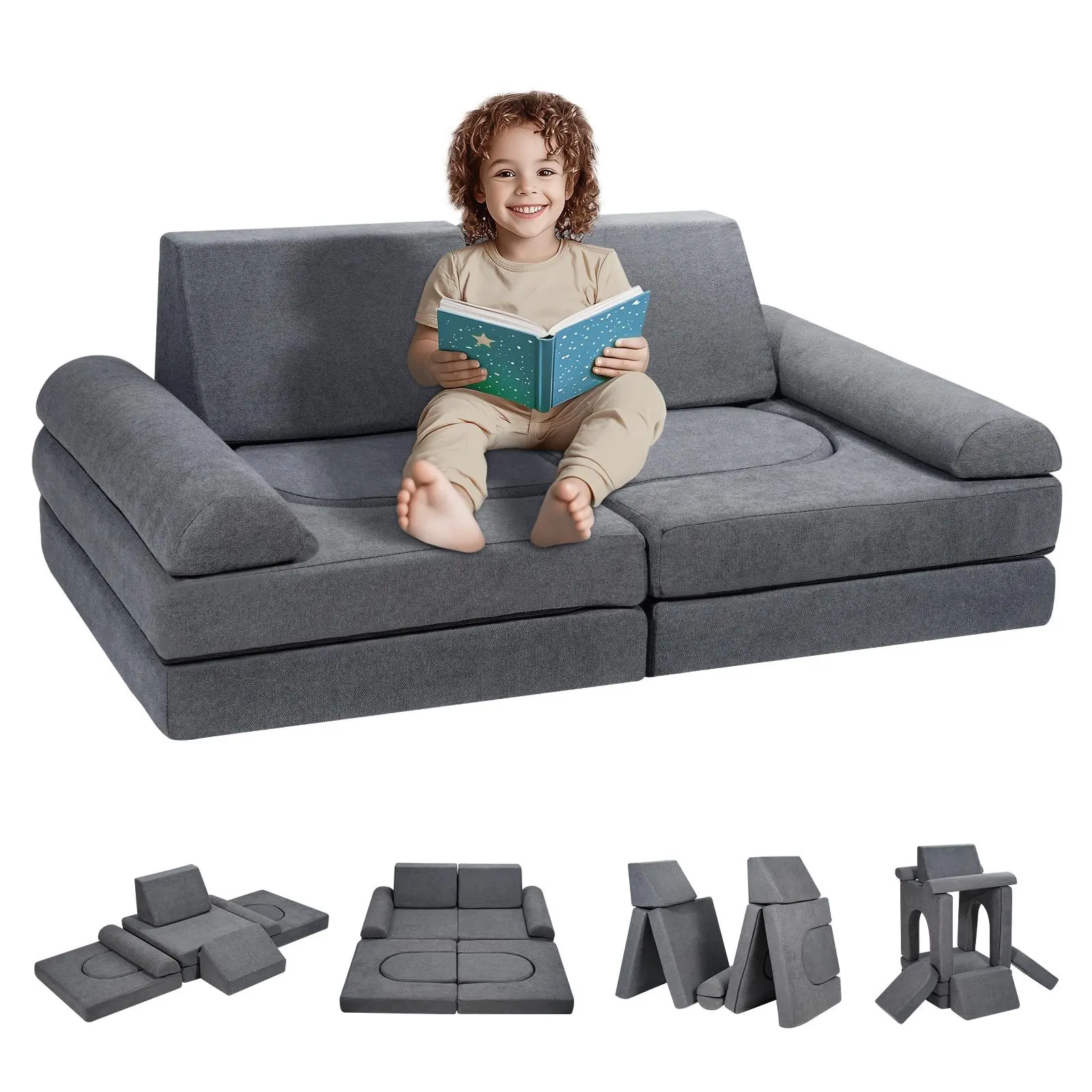 【summerfinds】VEVOR Kids Couch, 10Pcs Modular Kids Play Couch, Toddler Couch Sofa Bed, Kids Chair Seat Playroom Furniture, Kids Sofa with Removable Cover for Kids Girls & Boys, Grey