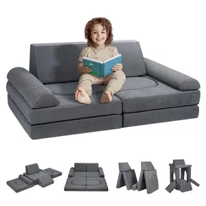 【Spotlight Day】VEVOR Kids Couch, 10Pcs Modular Kids Play Couch, Toddler Couch Sofa Bed, Kids Chair Seat Playroom Furniture, Kids Sofa with Removable Cover for Kids Girls & Boys, Grey