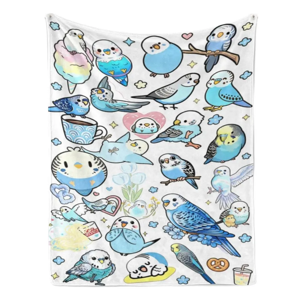 Cute Cartoon Budgie Parrot Flannel Throw Blanket - Soft Bird-Print Cozy Blanket for Home, Room & House Decor, Whimsical Home Decor with Playful Look, Ideal Gift for Bird Lovers, Room Decor, Cozy Lounging