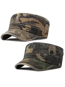 2 Pack Washed Outdoor Military Cadet Army Caps Camo Trucker Hats Unique Design Vintage Flat Top Hat Americana Trucker Hat