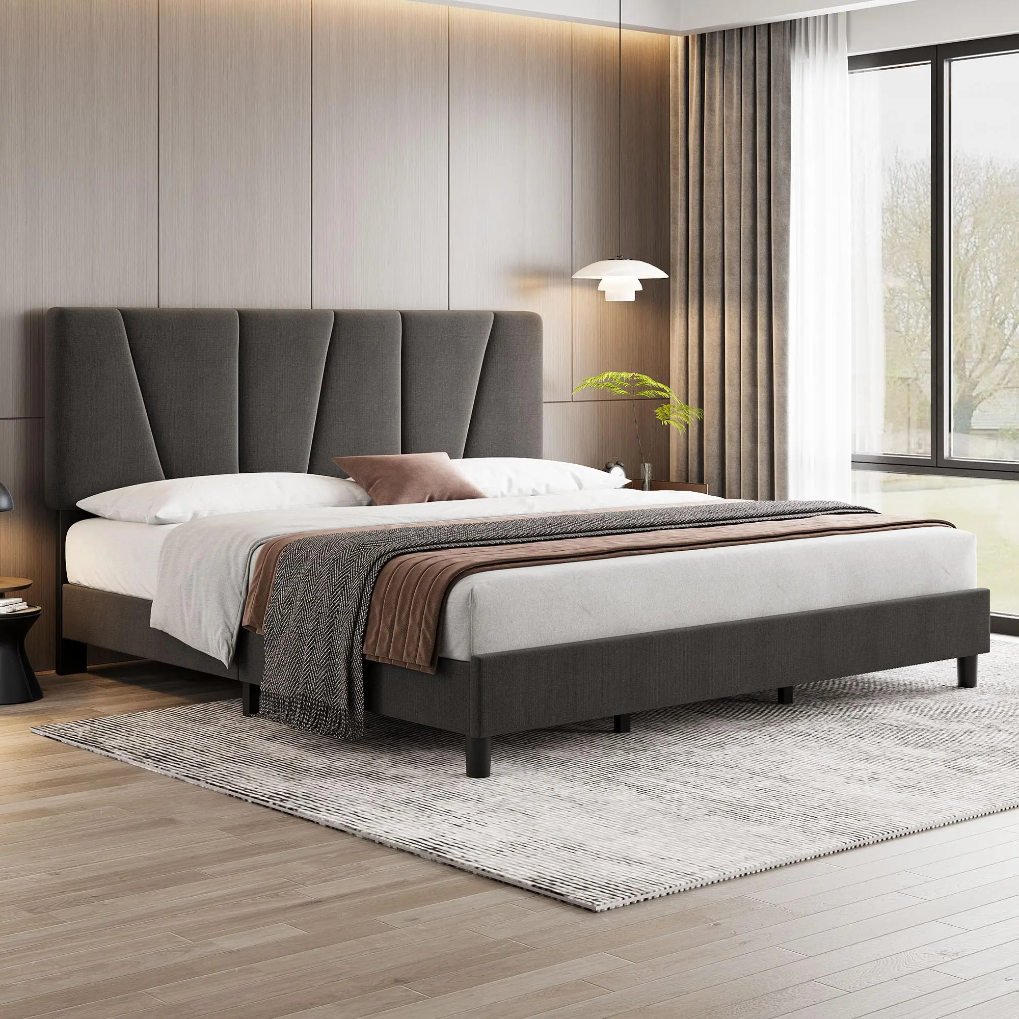Garvee King Bed Frame With Headboard Adjustable, Modern Linen Upholstered King Size Platform Bed Frame With Wooden Slat Support, No Box Spring Needed, Dark Gray