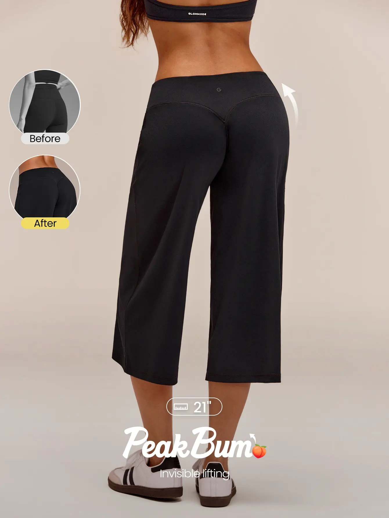 GLOWMODE 20" FeatherFit-Air Glow Flex Low-Rise Peakbum Wide Leg Capri Leggings With Back Pocket Low Impact Training Running Workout Gym Fitness Daily Wear