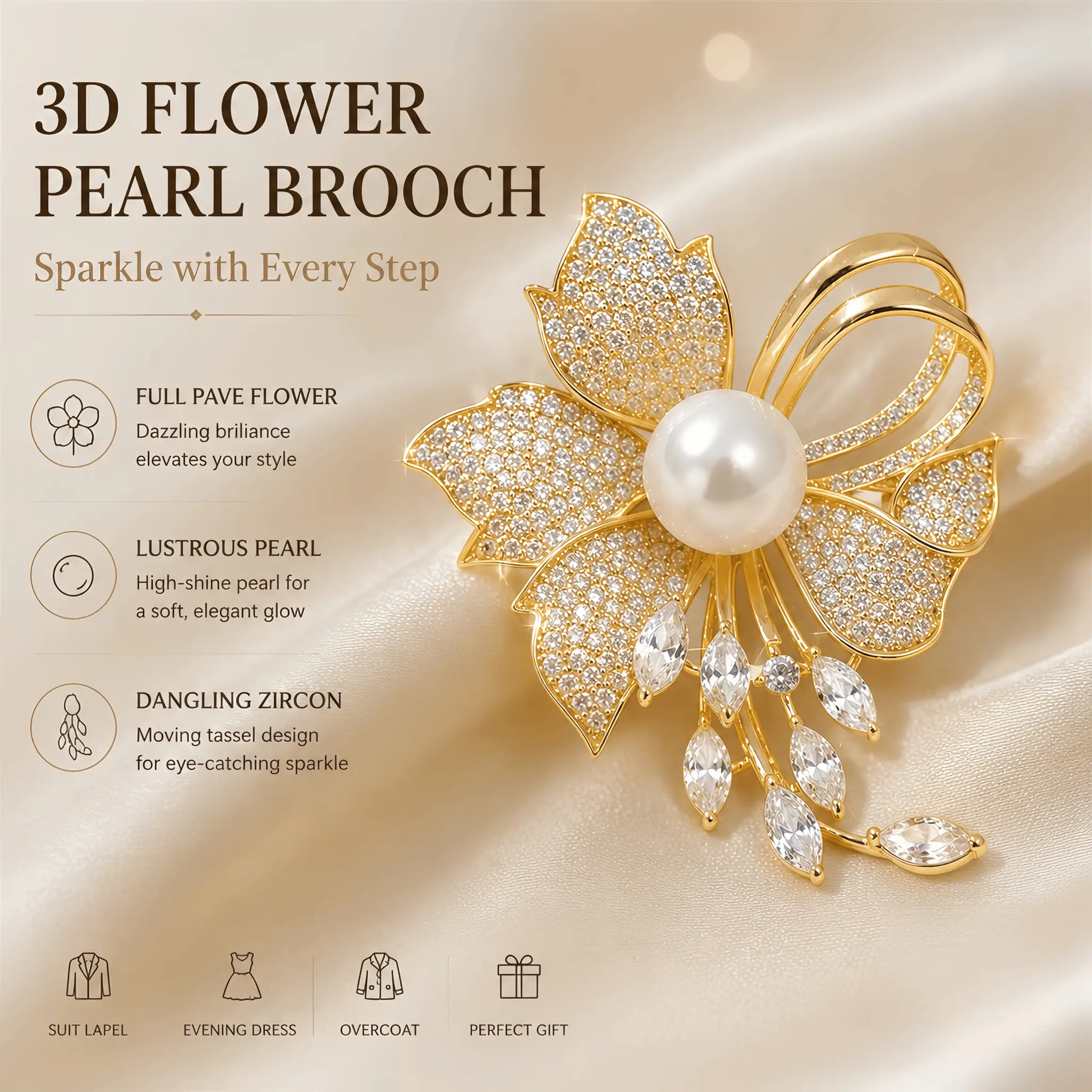 Luxurious Pearl Floral Brooch - Gold Flower, Rhinestone Pin, Crystal Leaf Accents, Tassel Collar Clip Accessory for Weddings, Parties