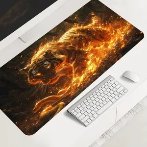 Fiery tiger large-sized gaming mouse pad, aesthetic wildlife desktop protection pad, anti-slip rubber lock edge high-definition printing, suitable for computers, laptops, offices, homes, schools, as a gift for family and friends.