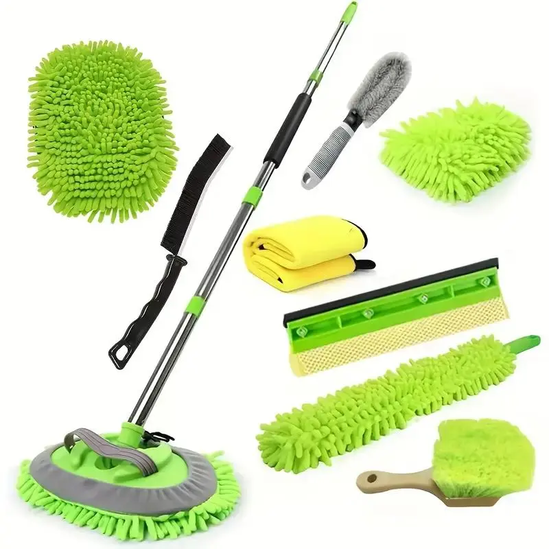 10 piece set of heavy-duty 62 inch car wash brushes and cleaning tools, including long handle, ultra-fine fiber mop gloves, wipers, dust removal brushes, and dry towels, and household cleaning set, dust removal brush head, cloth, crevice brush,