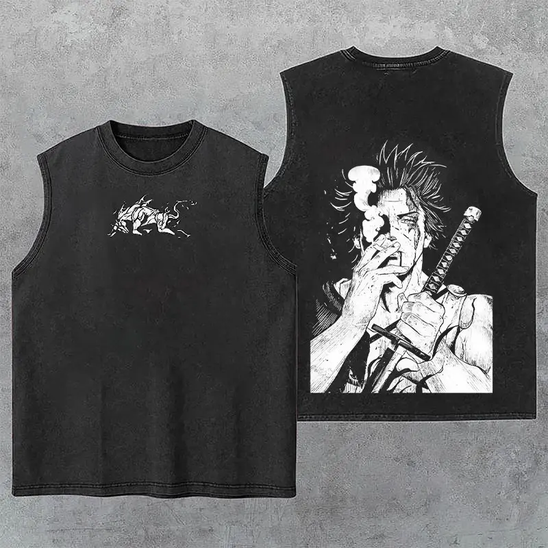 Yami Sukehiro x Black Bull Black Cover Anime Washed Tank Top, Gym Essential, Vintage Casual Crewneck Short Sleeves Menswear T-shirts Classic Cotton Fabric Streetwear