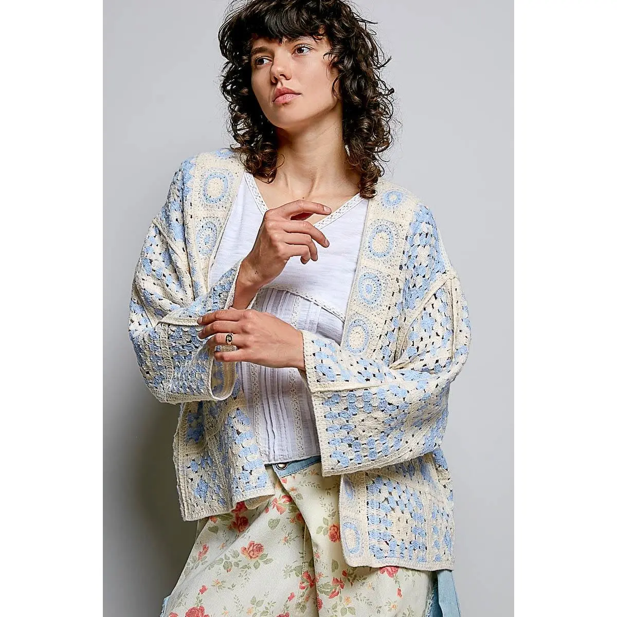 POL Clothing 3/4 Sleeve Classic Granny Square Open Front Cardigan