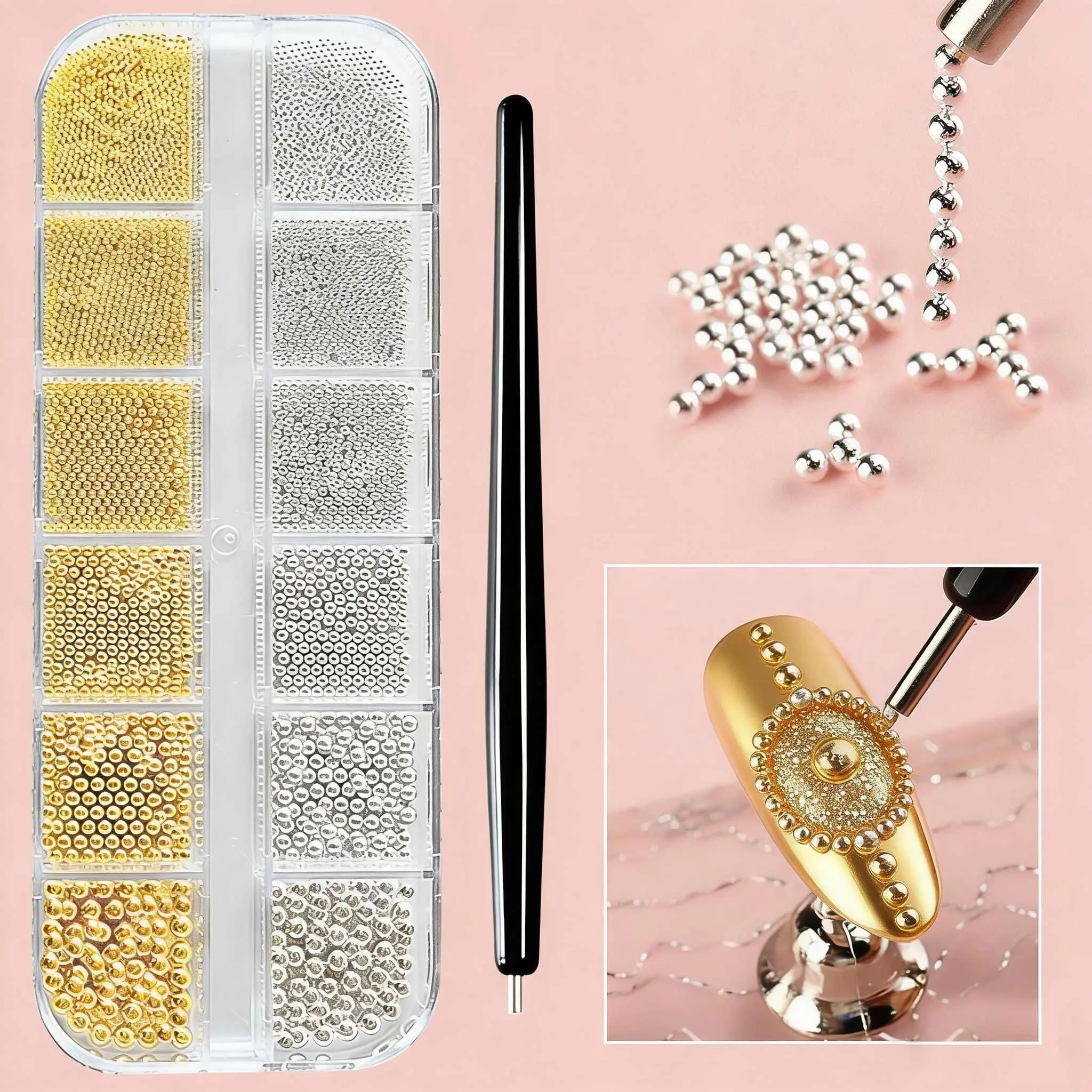 12-Grid Box Mini Caviar Metal Beads 3D Nail Art Decorations, Golden/Silvery DIY Nail Charms, Nail Design Accessories, Fashionable Nail Embellishments, High-End Premium Decorations, Nail Decoration Supplies, for Trend Enthusiasts and Nail Artists