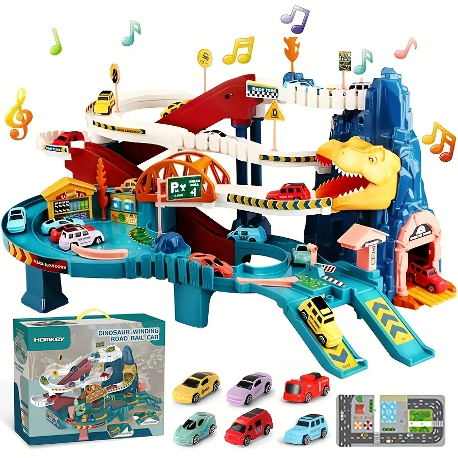 Dinosaur Mountain Race Track Toy for Kids 3+, Electric Auto-Circular Car Rail Set with Lights, Dinosaur Roar Sound, Gravity Sliding Track & 6 Mini Vehicles, STEM Educational Prehistoric Theme Toy (Animals & Nature) for Birthdays, Children's Day Gifts