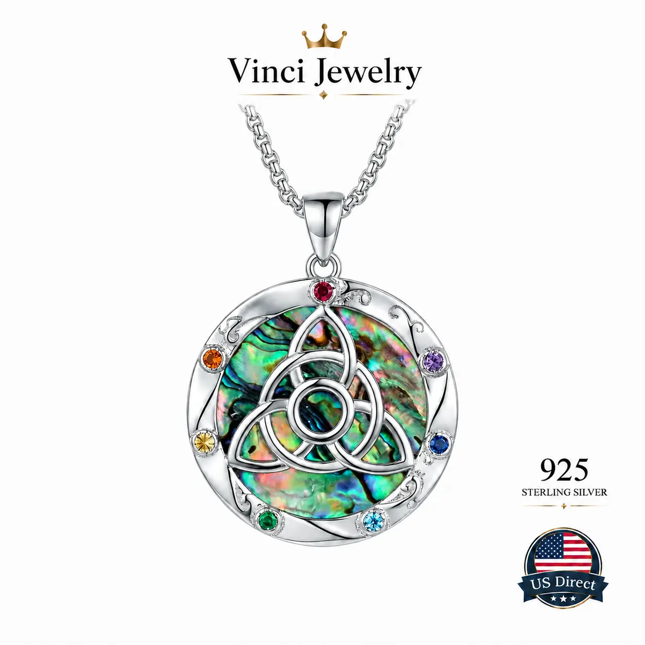 925 sterling silver Abalone Shell Celtic Knot Pendant Necklace Sterling Silver Trinity Knot Jewelry with Colorful Opal-Inspired Inlay Mystical Spiritual Amulet for Women Aesthetic Elegant Layering Necklace for Minimalist Chic and Ethereal Style Lovers