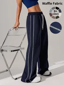 Women's Drawstring Waist Sports Joggers, Sporty Contrast Binding Wide Leg Trousers for Daily Outdoor Wear, versatile wear, Ladies Sportswear for All Seasons, Wide Sweatpants