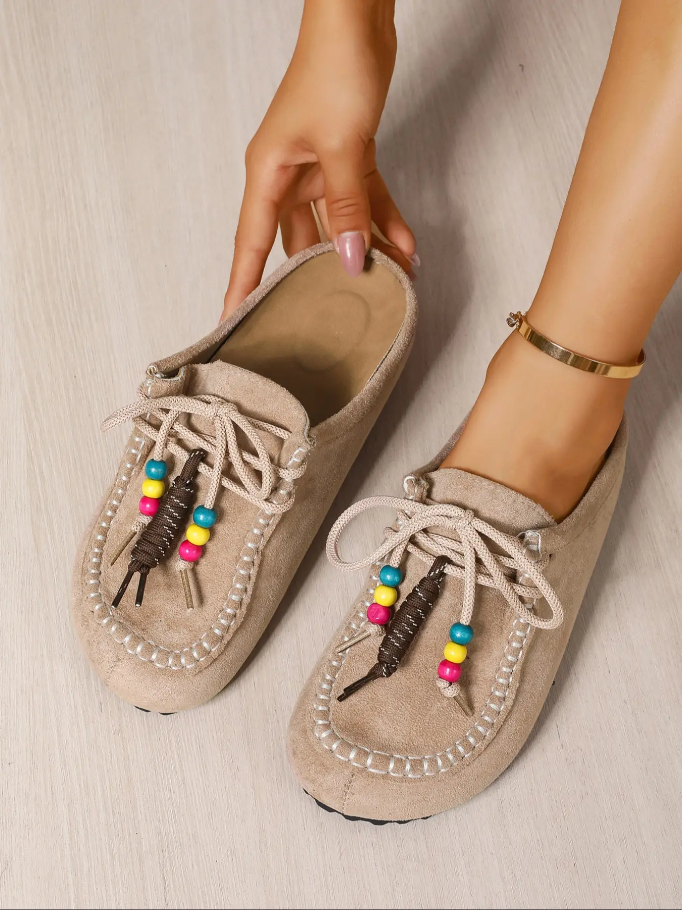 2025 New Women's Round-Toe Cork suede Clog Mules –Boho Beaded Suede Tassel Mules – Women’s Vintage Slip-On Clogs with Arch Support, Soft Cork Sole, and Colorful Beads – Cozy Fall Flats for Walking & Home