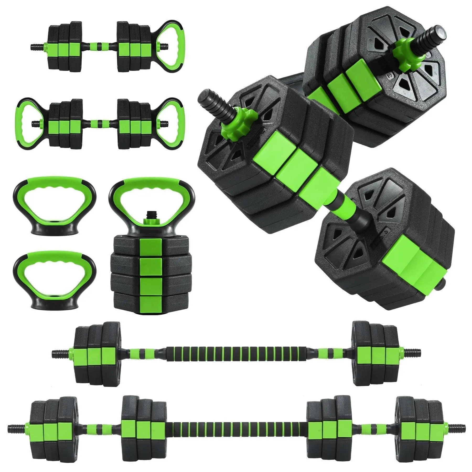 88 LBS Adjustable Dumbbell Set for Home Gym, 4-In-1 Gym Gear with Connector Kit, Octagonal Polyethylene Sturdy Frame, Textured Anti-Slip Grip, Converts to Kettlebell/Barbell/Push-Up Stand, Green (for Men-Women), Textured Grip