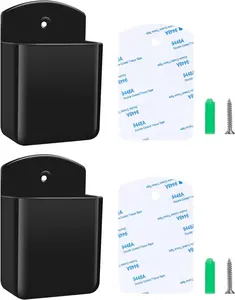 2 PCS Plastic Wall-Mount Remote Control & Cellphone Holder with Pad Compatibility, Self-Adhesive Compact Durable Organizer for TV/AC Remotes, 1.3"D x 2.6"W x 3.9"H Stand with Easy Installation (Black)