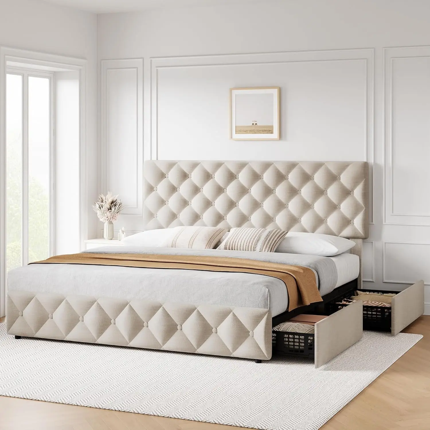Gaomon Sturdy Durable Metal Platform Bed Frame - Full-Size Beige Upholstered Vintage Bed with 4 Storage Drawers, Adjustable Height Headboard, Diamond-Stitched Button Tufted, Easy Setup, Assembly Required, No Box Spring Needed