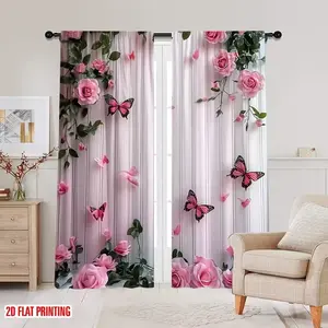 Butterfly & Rose Curtains Set, Durable Polyester Fabric, No Power Needed, Multifunctional Holiday Decoration, Contemporary Style Drapes, Window Curtain