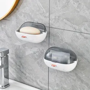 2 Pack Shower Soap Dish Holder with Lid, Bar Soap Holder with Drain, Wall Mounted Soap Box Container for Shower, Bathroom, Bathtub, Kitchen Sink, Adhesive Included