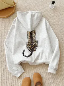 Women's Cartoon Leopard Print Drop Shoulder Hoodie, Fashion Casual Drawstring Pocket Hooded Sweatshirt for Daily Holiday Outdoor Wear, Women Clothing for Fall & Winter, Graphic Print Hoodie, Drawstring Hooded Top