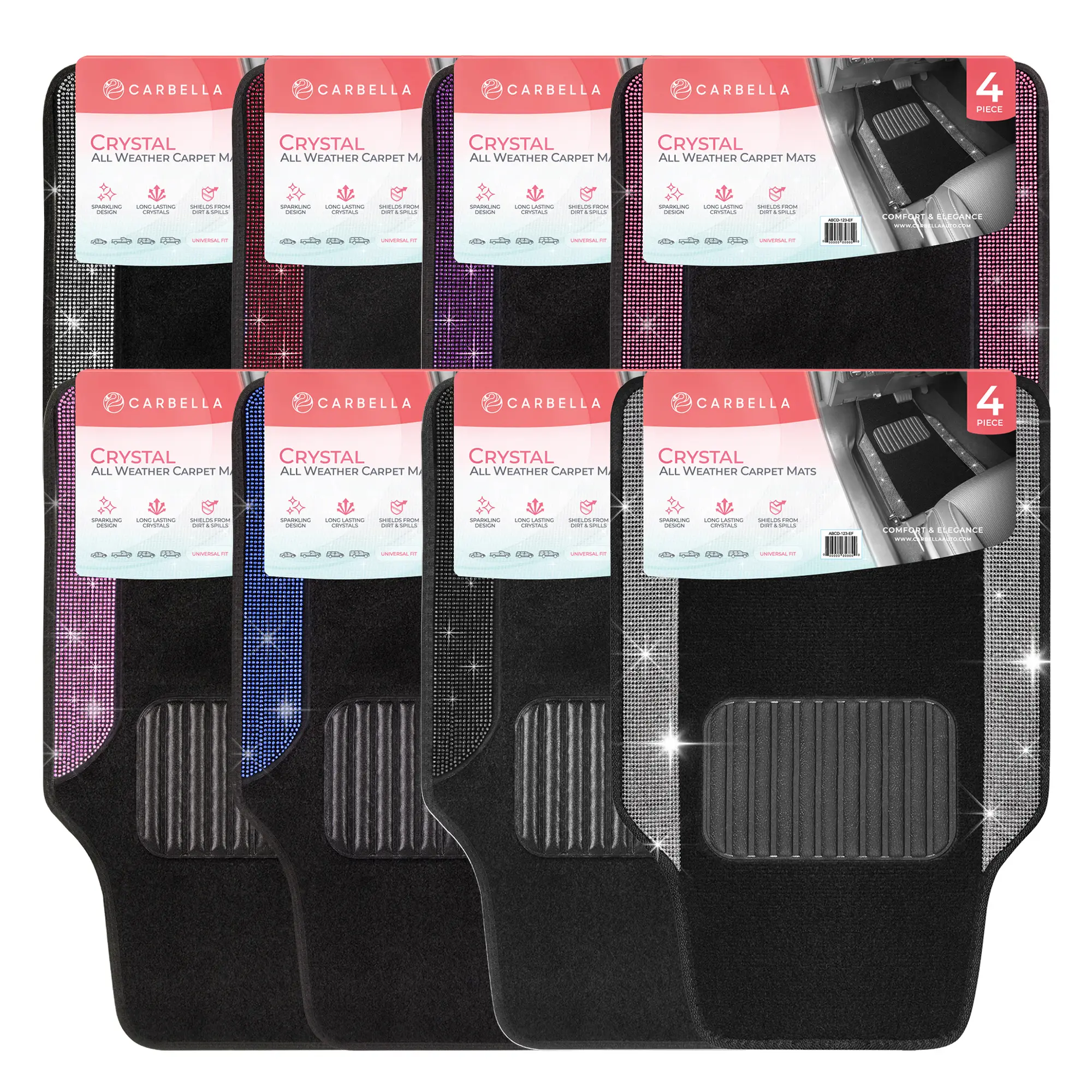 Carbella DiamondBling Car Floor Mats, Front & Rear Two-Tone Crystal and Carpet - Midnight Black Car Interior Accessory Car Accessory