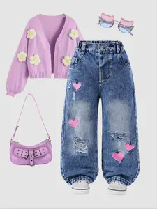 Girls' Vintage Y2K Street Style Ripped Denim Jeans, Blue Heart Embroidery Wide Leg Graphic Pants, Casual Daily Wear