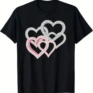 Black Short - Sleeved T - Shirt with Interlocking Glittery Hearts Design - Silver & Pink Sparkly Heart Pattern on Front, Casual Summer Cotton Tee for Valentine's Day, Romantic Gift100% cotton,sizes S-XXXL