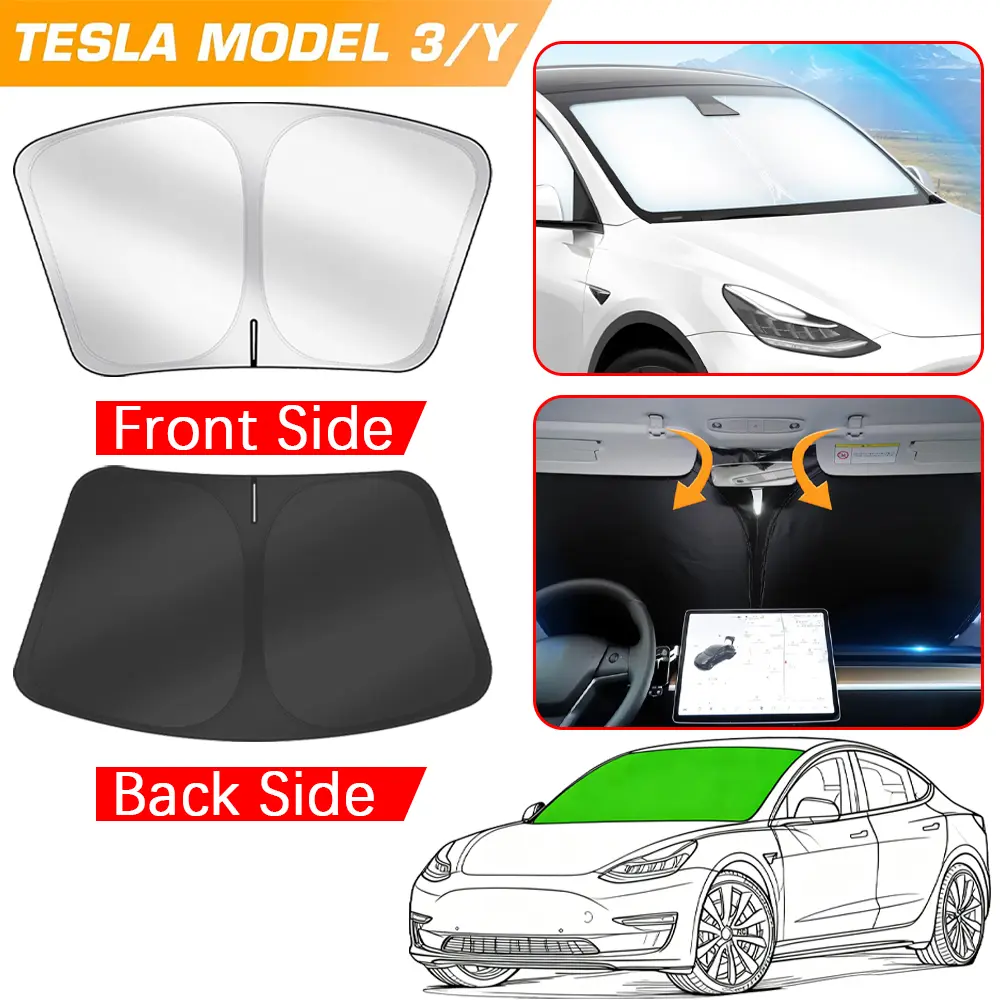 Tesla Model Y Front Windshield Portable Sun Shade — Foldable Design for Summer Driving, Black UV Block & Heat Protection, Snug Fit, Exterior Car Accessory to Keep Vehicle Cool