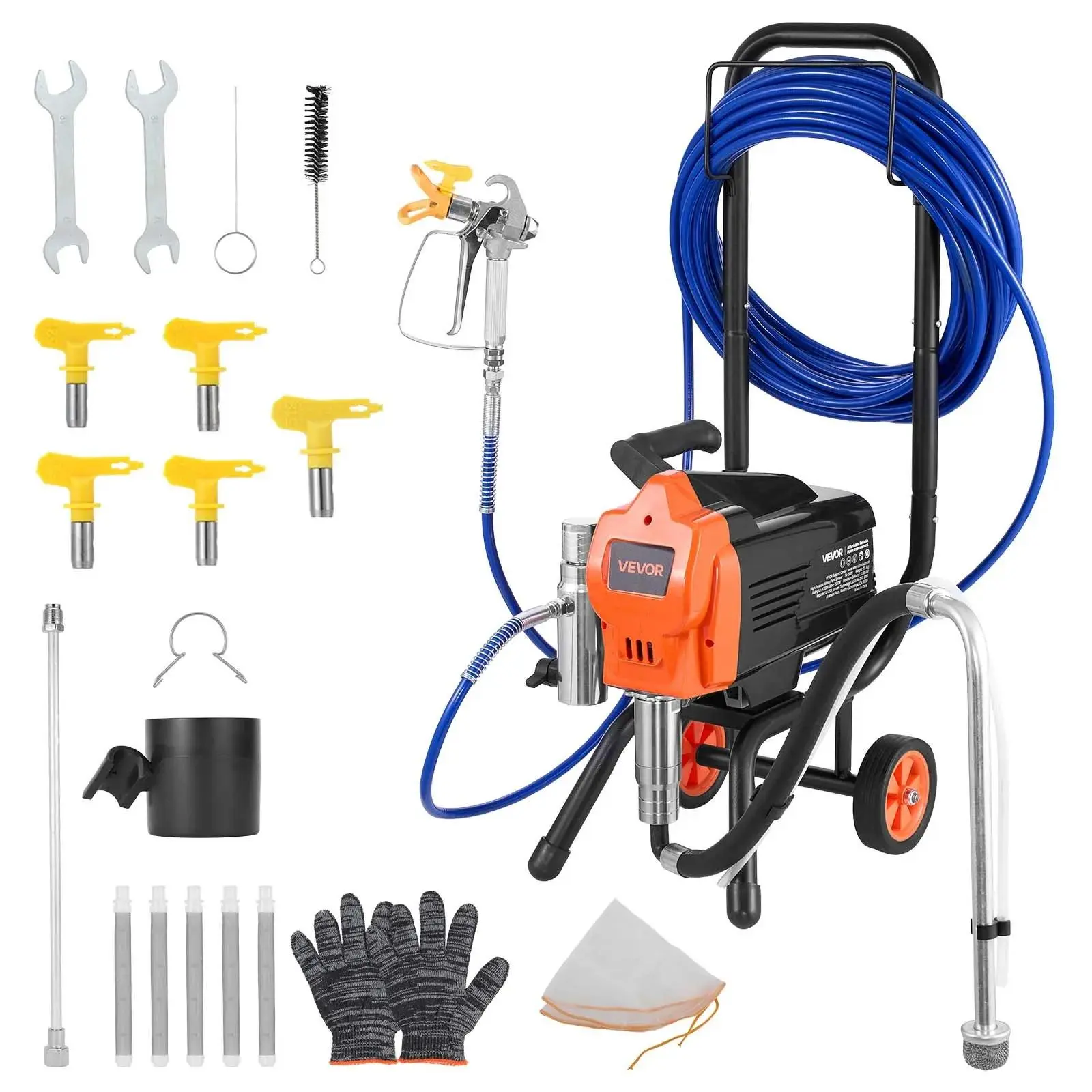 【summerfinds】VEVOR Heavy Duty Stand Airless Paint Sprayer, High-Pressure Electric Paint Spraying Tool with Cart, Cleaning Brush, Hose, Extension Pole, Nozzles, Voice Diag for Large Apartments, Buildings, Power Tools, Hardware, Father's Day Gift