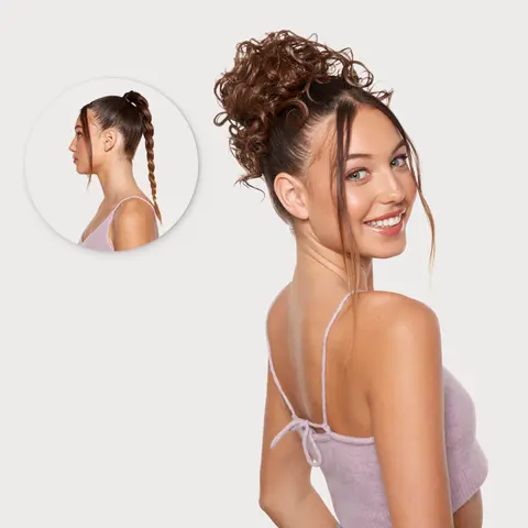 INH Hair Cami 8in 60g Clip-in Synthetic Hair Bun Extension Pre Styled Loose Curls with Adjustable Drawstring and Built in Comb