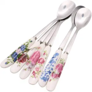 6 Pack Stainless Steel Coffee Spoon Ceramic Handle Teaspoon Sugar Ice Cream Desert Spoon Stirring Soup Tableware Dinnerware Utensils Culinary Cutlery with Floral Design Kitchenware Home