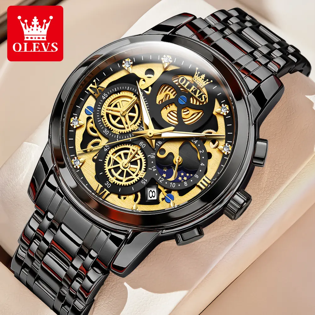 OLEVS Authentic Men's Modern Quartz Wristwatch (Round Face), 42mm Stainless Steel Case, Pointer Display, Chronograph, Luminous Date Display, 30M-50M Waterproof, 12-Month Warranty, Male Wear Luxury Party Gift Watch 9947, Modern Wristwatch, Quartz Dial