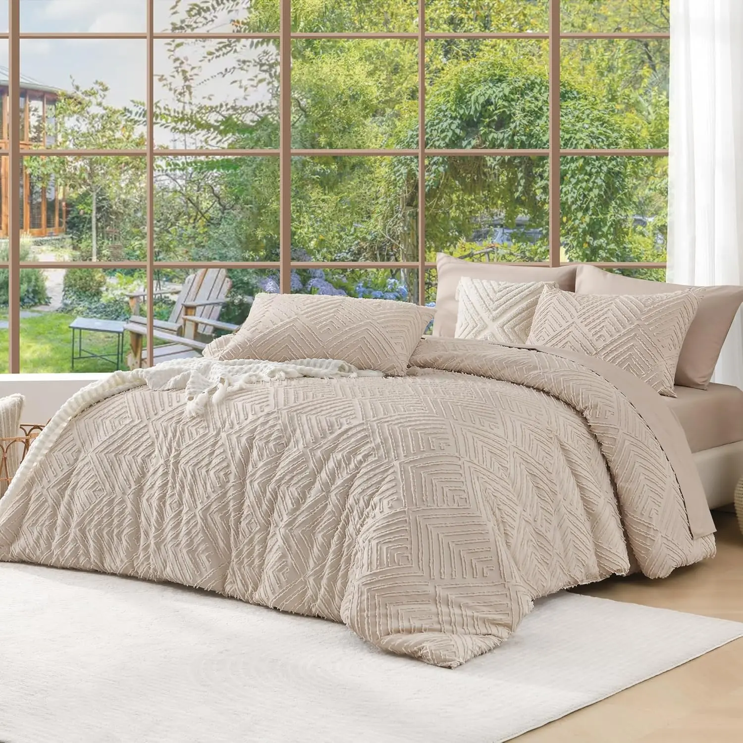 King Size Tufted Khaki Boho Comforter Set (120''x98'' Comforter, 2 Pillowcases) - Lightweight Warm Soft Bedding, Farmhouse Style, All-Season Fluffy Tufted Boho Bedding, Lightweight Warm Bedding