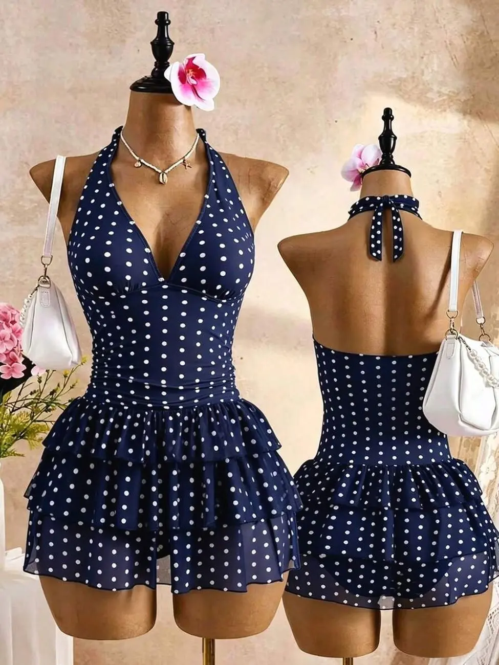 Bellisia Navy Blue Polka Dot Halter Swim Dress | Deep V Backless Ruched Tummy Control Swimsuit | 3-Tier Ruffle Hem Retro Pin-Up Bathing Suit