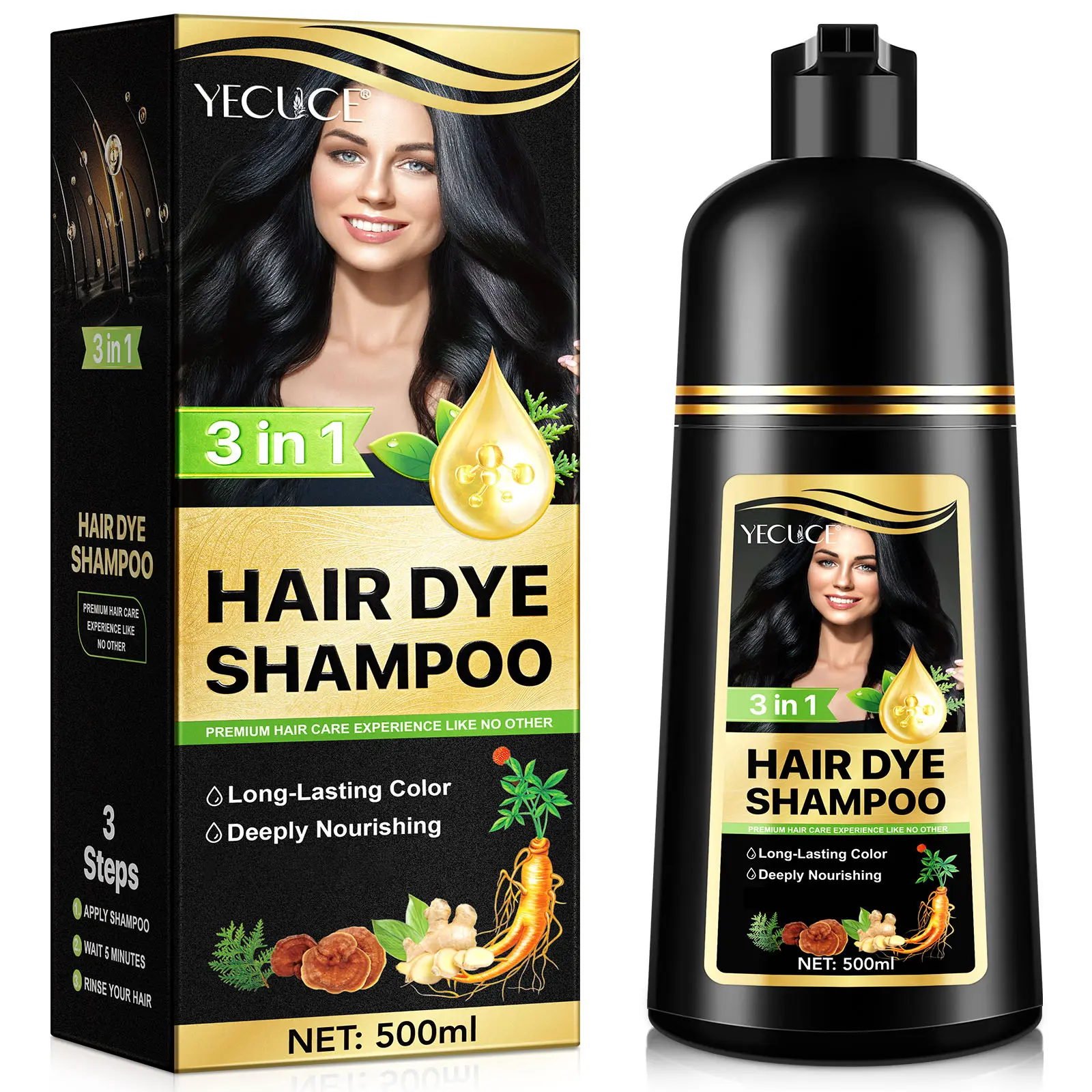 YECUCE Hair dye Shampoo, Quick hair dye,Fruity aroma-Black & Brown-3-In-1 Color-Plant extracts-Long Lasting -500 ml