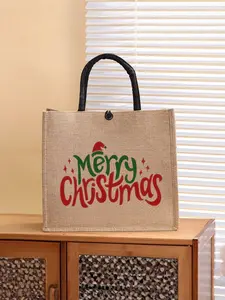 Christmas-Themed Handbag with Merry Christmas Print, Block, Santa Hat & Star Details, Casual All-Season Tote Bag