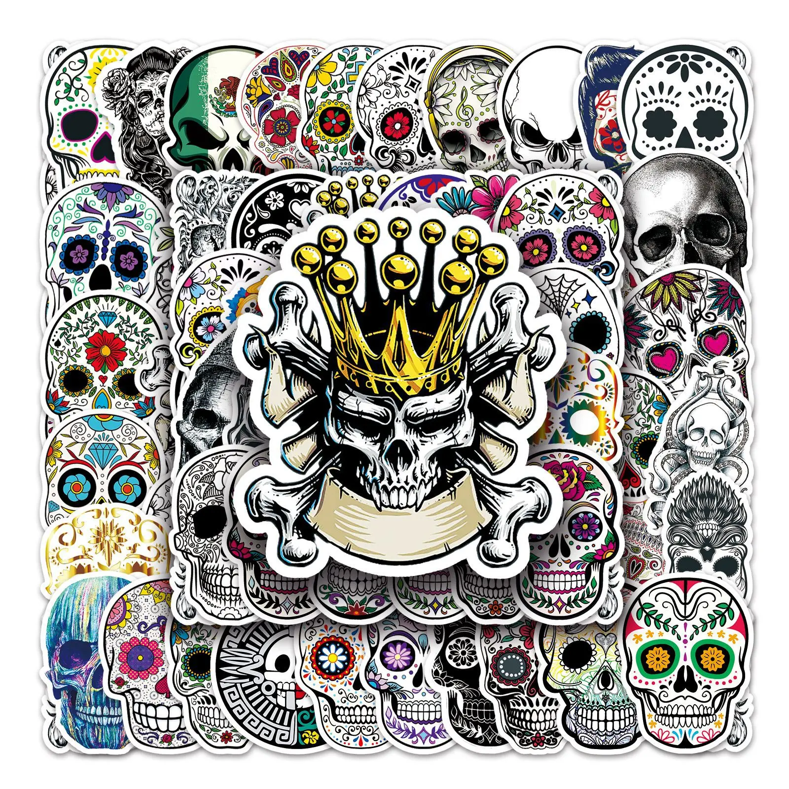 50pcs Halloween Skull Stickers, Sticker Decals, Colorful Spooky Design for Scrapbooking Journals Laptops Water Bottles Cars, Car Window Stickers, Positive Message Gift