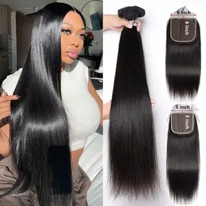 5x5 6x6 Lace Closure With Bundles 12A Unprocessed Peruvian Straight Hair Bundles Human Hair Extension 3/4 Bundles With Closure Natural Remy Hair Weaving For Black Women