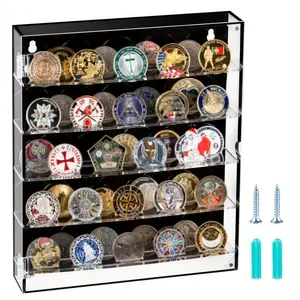 Acrylic Coin Display Box, Acrylic Shelf, 5 Row Coin Holder with 2 Counts Moving Rack, Collection Shadow Box, Home Decor Storage Solution, Organiser, Display Cabinet Collectibles
