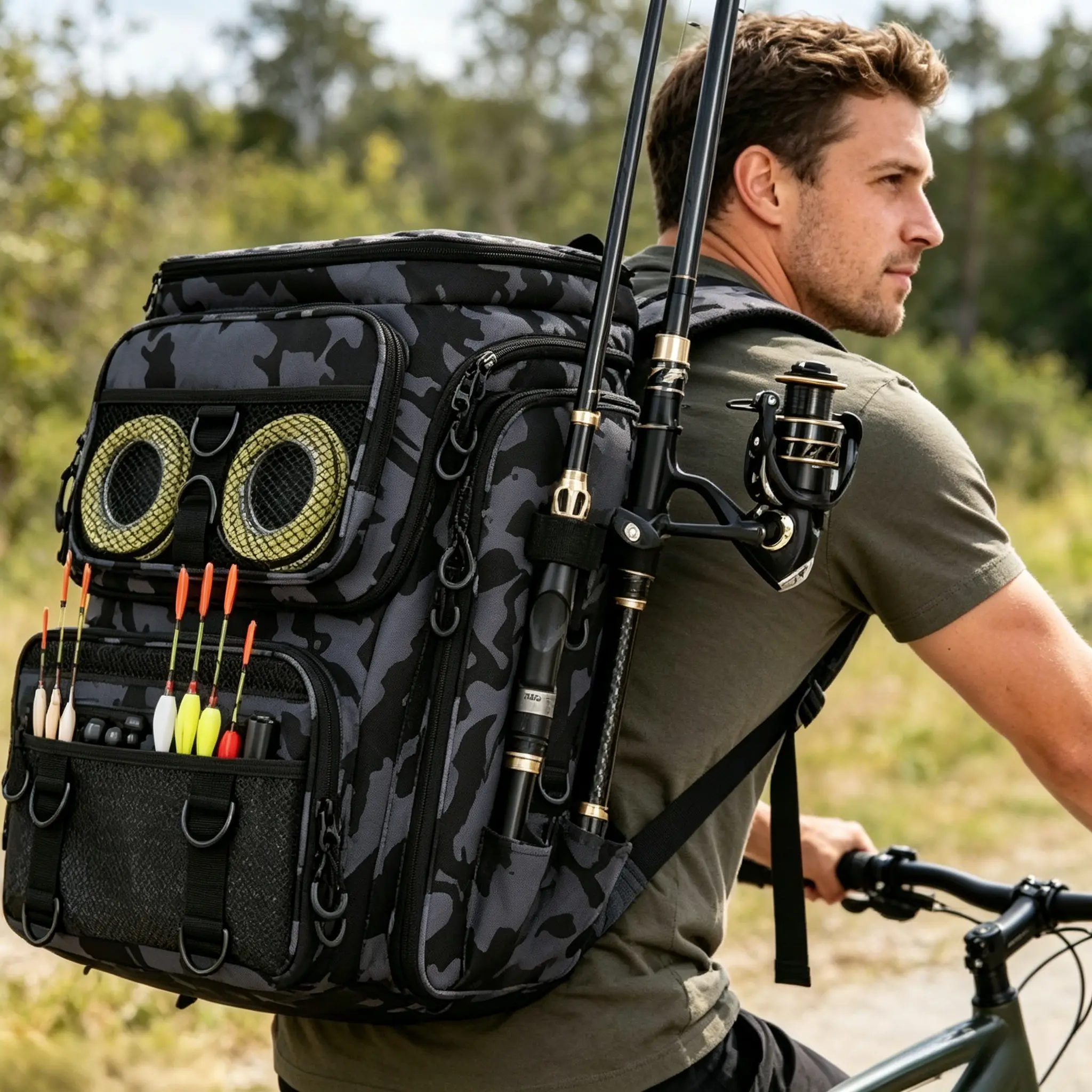 42L Large Capacity Fishing Tackle Backpack, 16-Pocket Water-Resistant Gear Bag with Dual Rod Holders, Adjustable Divider & Padded Straps for Freshwater Saltwater Angling Trips travel